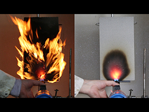 При проведении испытания на распространение пламени Belzona 4141FR (справа) не горит, в отличие от альтернативного материала для ремонта бетона (слева)